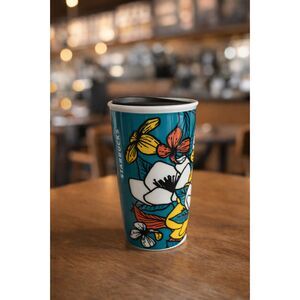 Starbucks Blue Teal Poppy Flowers Ceramic 12 oz. Travel Coffee Mug Tumbler & Lid